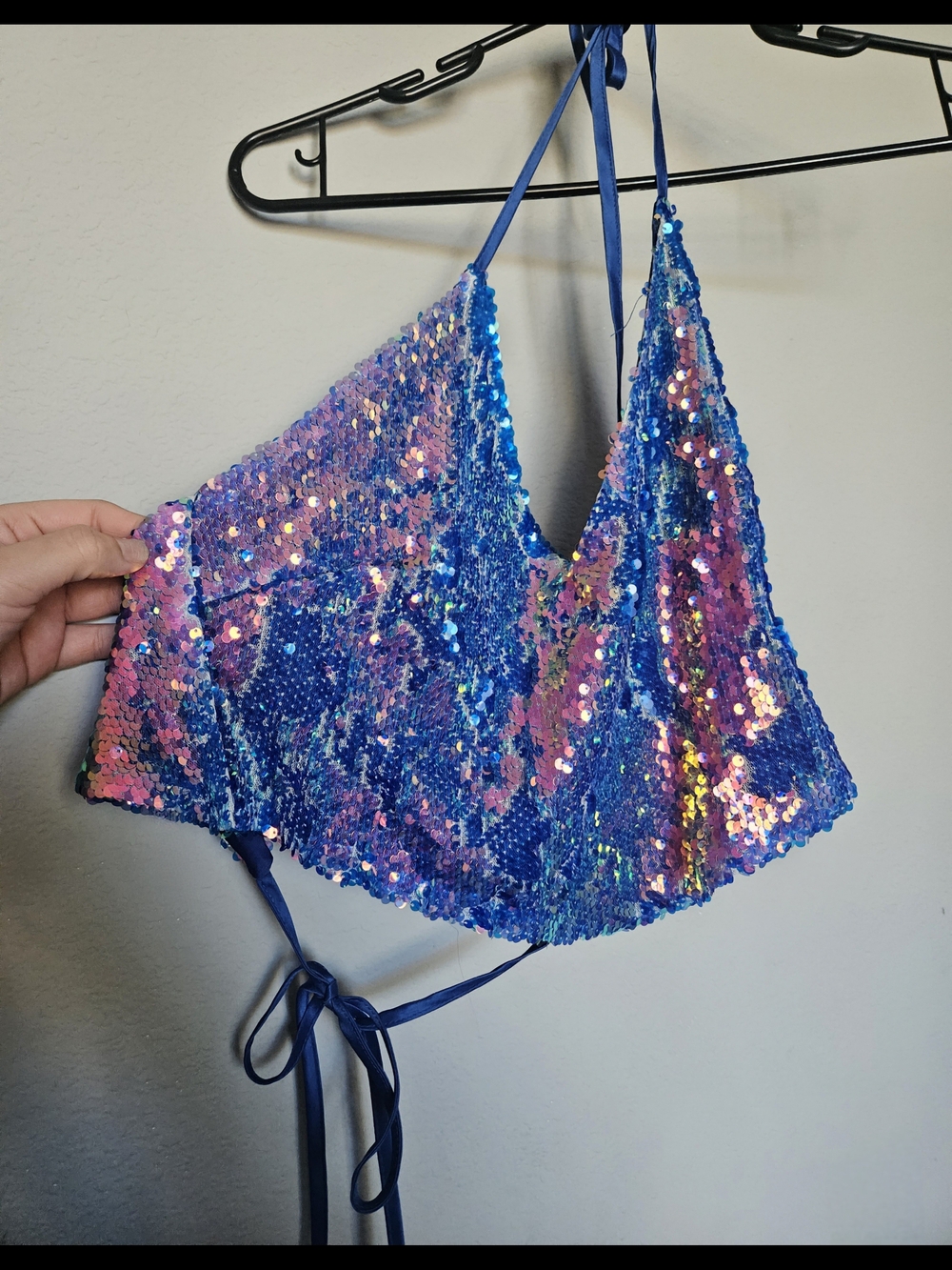 F21 Sequin Blue Pink Wrap Halter Top Mermaid Collection Adjustable Large Rave